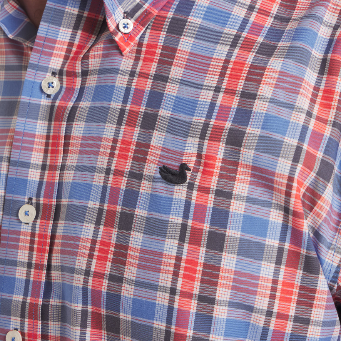Navy & Red Plaid | On Model | Detail | Embroidered Chest Logo