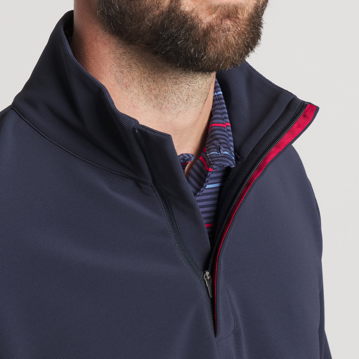 Navy With Red | On Model Collar Details