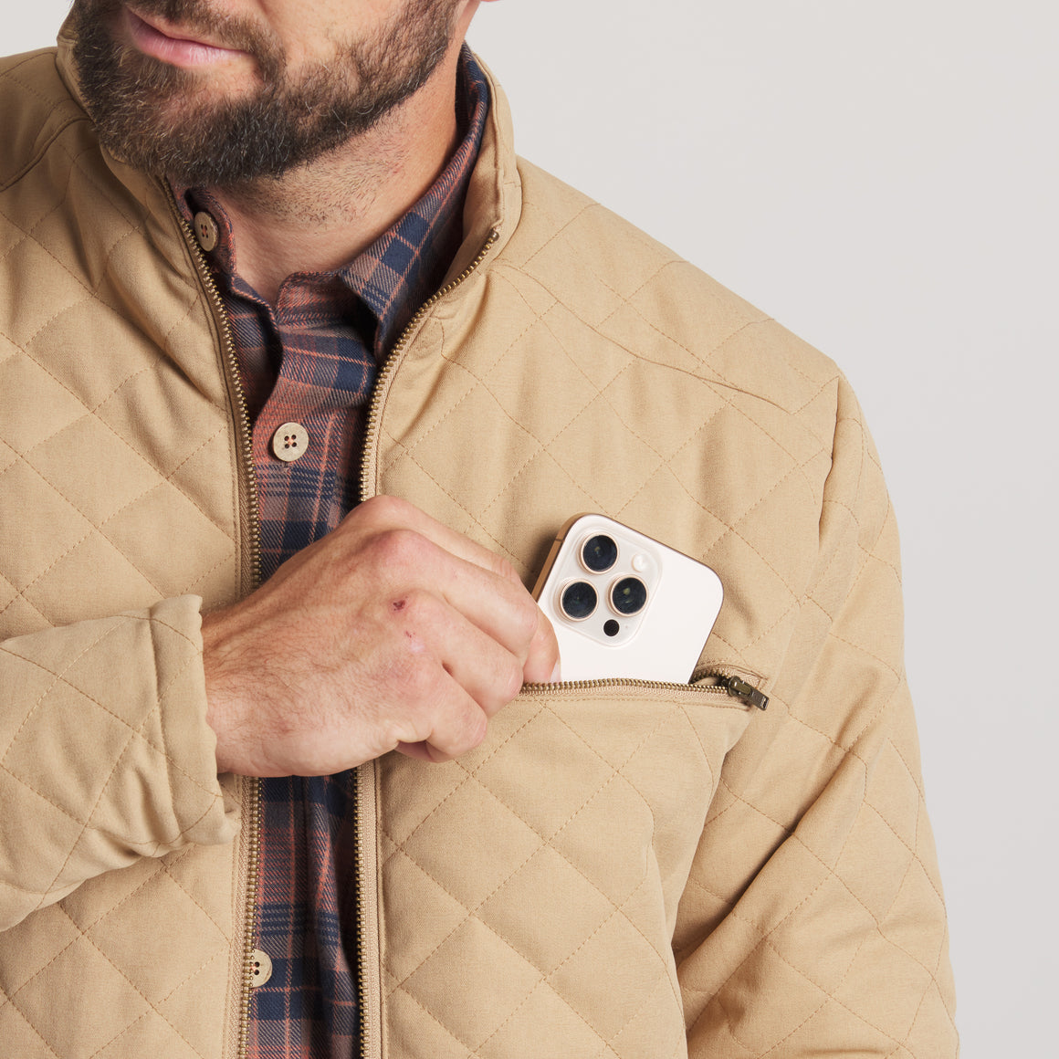 Khaki Quilted | On Model | Front Detail Pocket