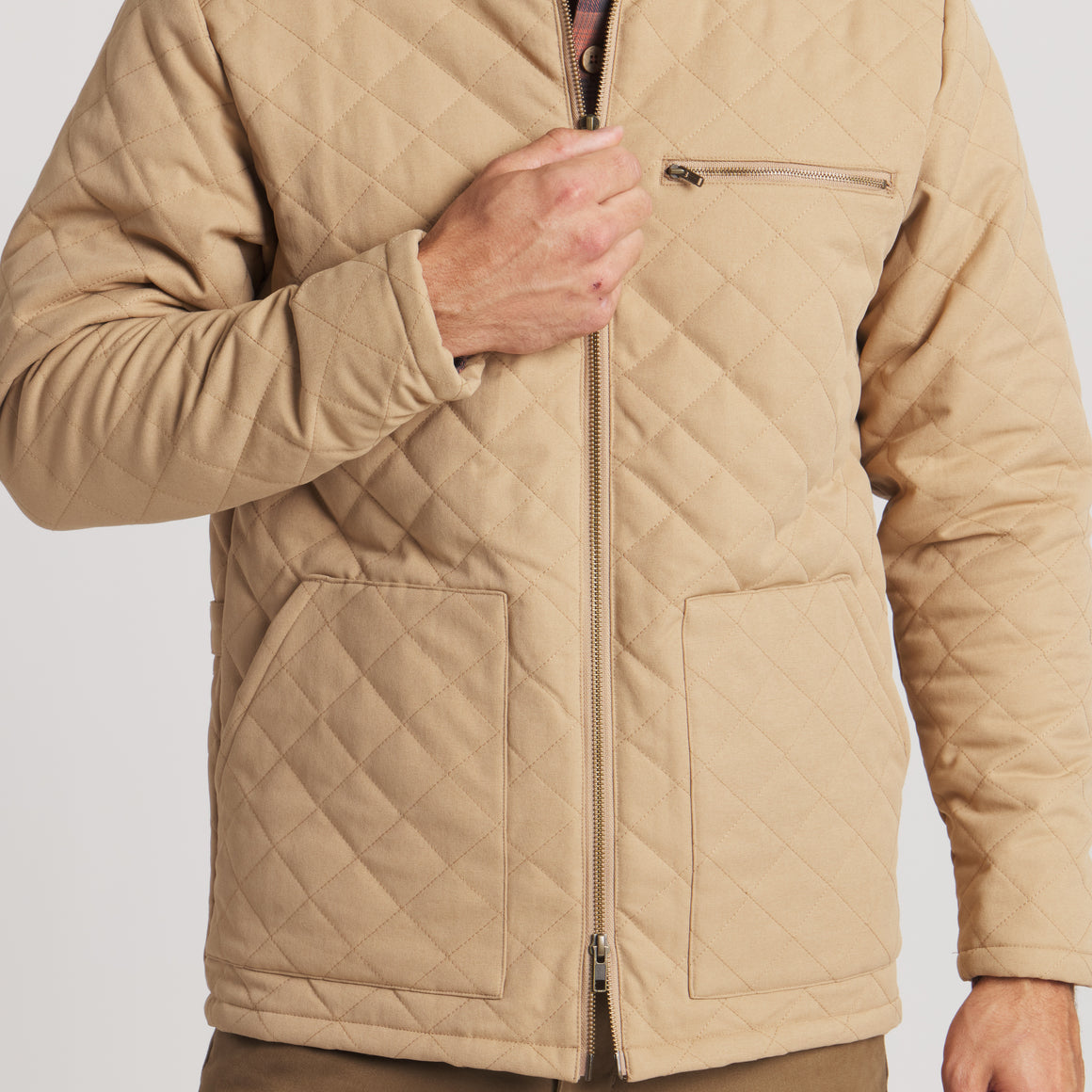 Khaki Quilted | On Model | Front Detail Zip