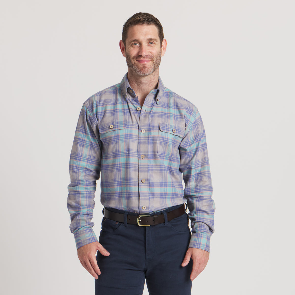 Light Gray & Slate Plaid | On Model | Front