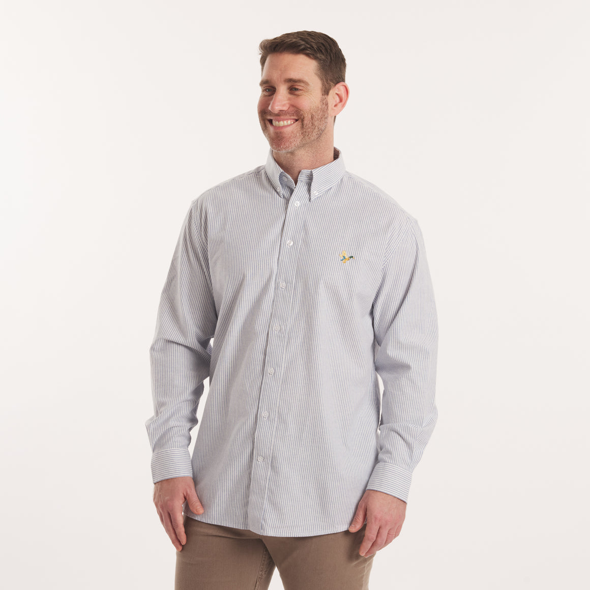 White & Blue Oxford Stripe | On Model 2 | Front