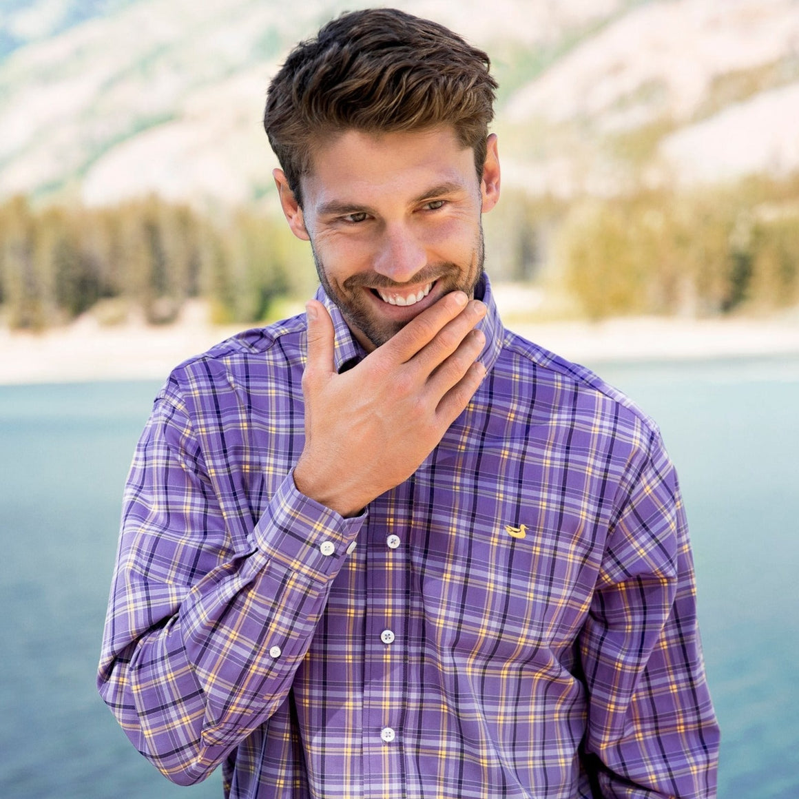 Purple        and        Yellow | Bristol Performance Plaid Dress Shirt | Lifestyle