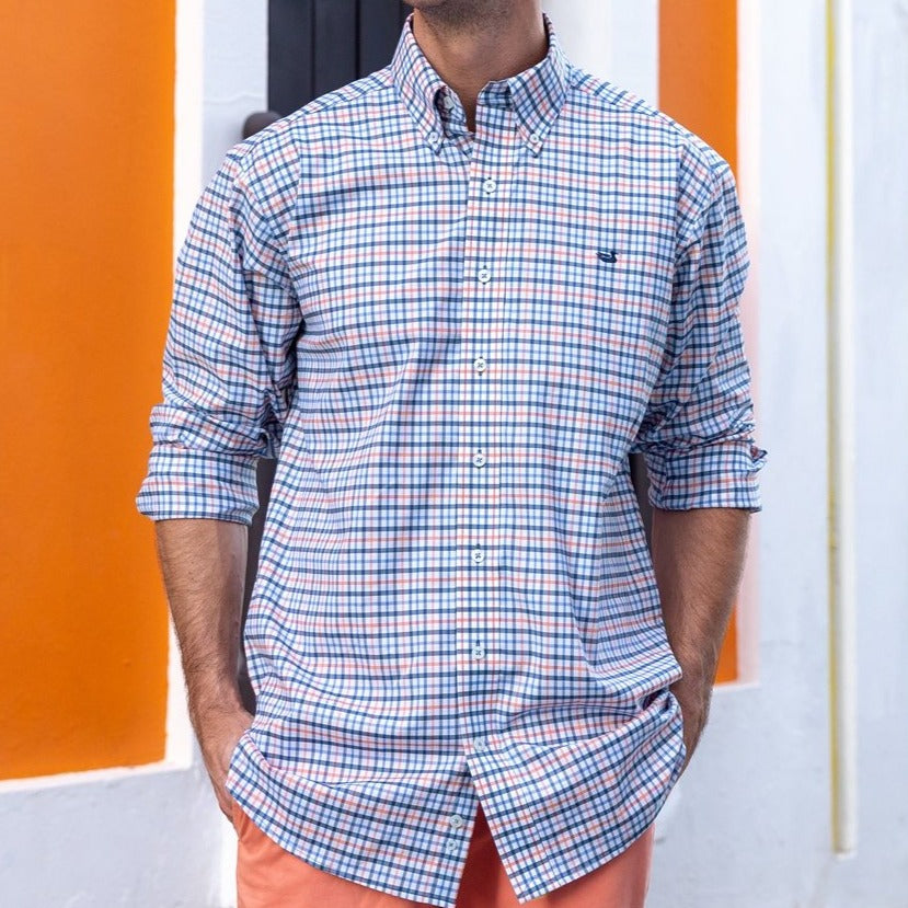 Navy and Coral | Chambers Performance Gingham Dress Shirt | Long Sleeve Performance Dress Shirt