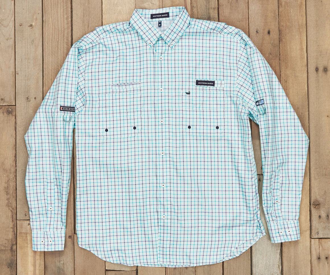 Slate and Teal Cay | Harbor Cay Fishing Shirt | Abaco Grid | Long Sleeve Fishing Shirt | Front