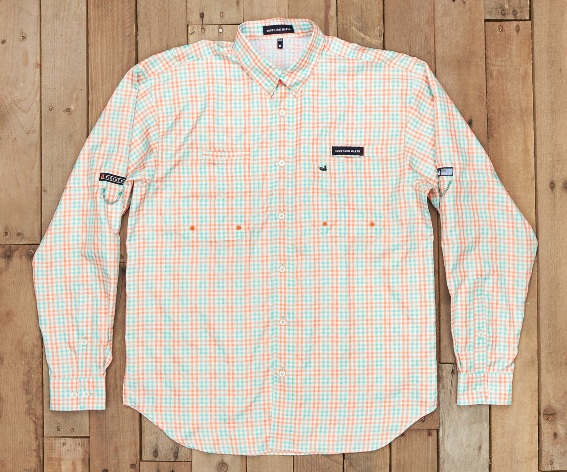 Melon and Teal Cay | Harbor Cay Fishing Shirt | Drake Grid | Long Sleeve Fish Shirt | Front