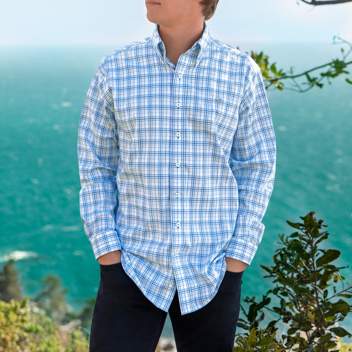French Blue and Gray | Putnam Performance Windowpane Dress Shirt | LS