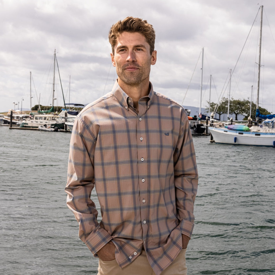Burnt Taupe and Slate | Townsend Lattice Performance Dress Shirt | Lifestyle