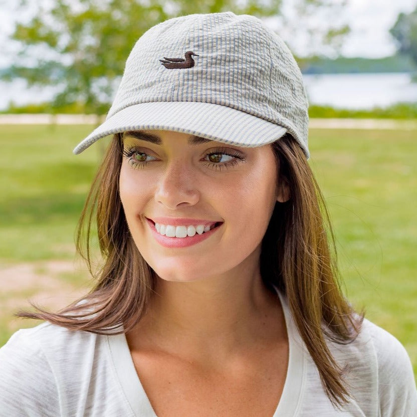 Vintage Seersucker Blue Hat with Brown Duck | LS