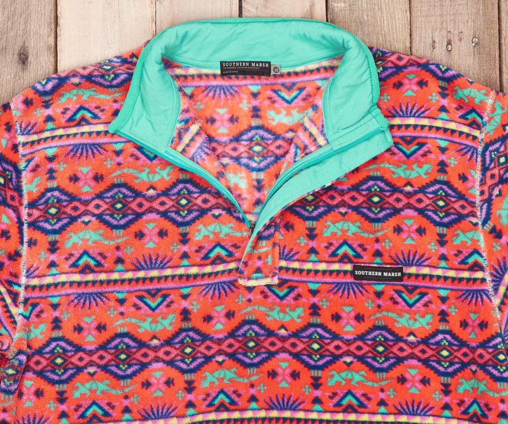 Coral and Teal Dorado | Dorado Fleece Pullover | Detail