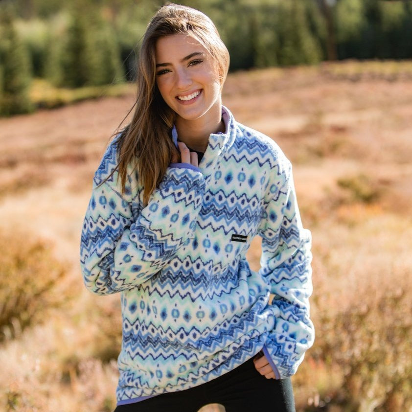 White  and Blue | Tangier Ikat Fleece Pullover | Front