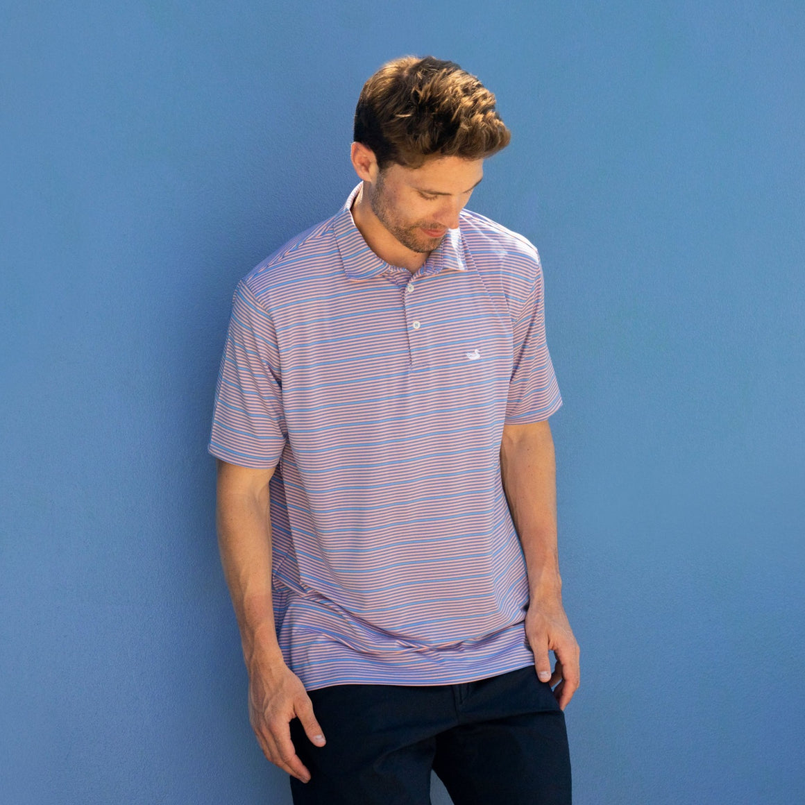 French Blue and Peach | Bermuda Performance Polo - Chenier Stripe | LS