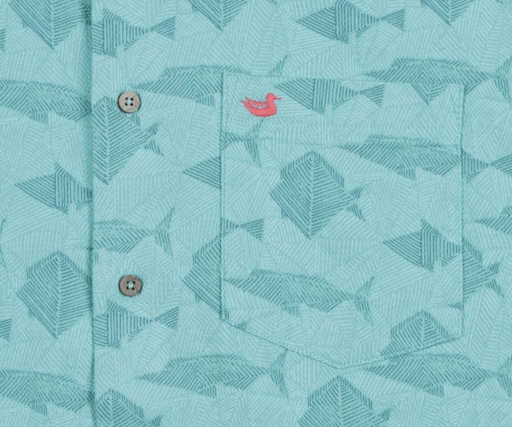Atoll Antigua Blue | Atoll Woven Shirt | Geometric Fish | Detail