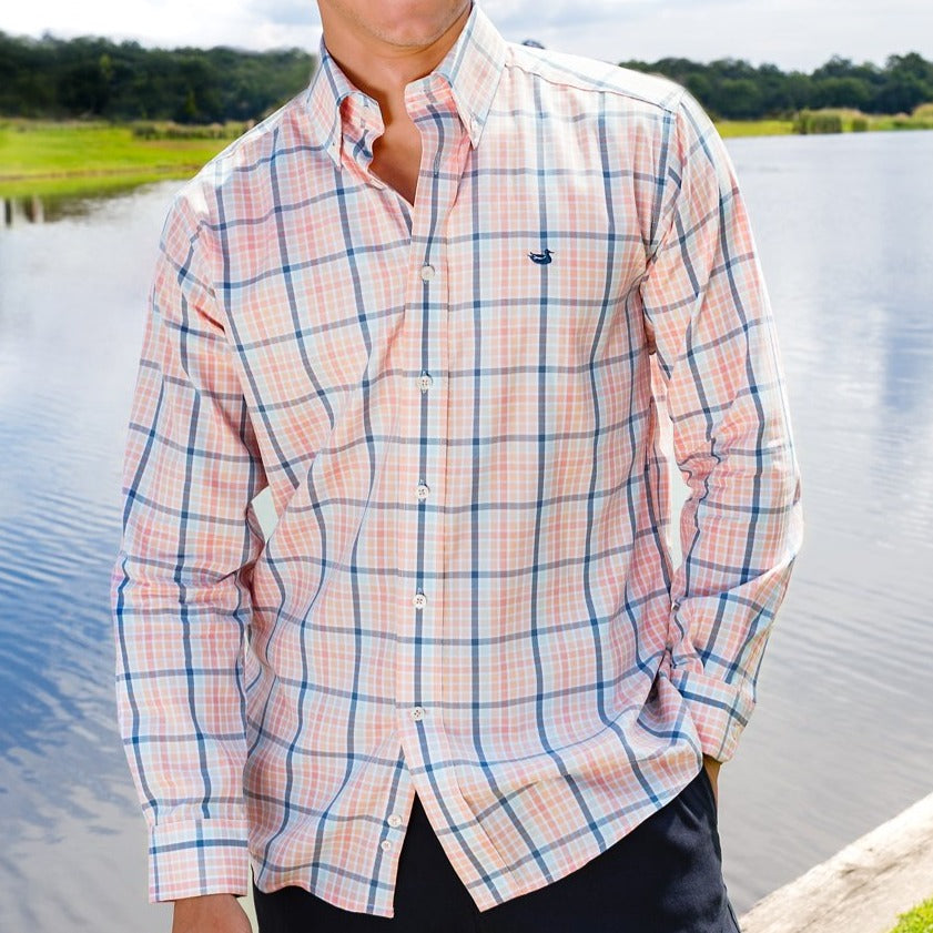 Slate and Peach Mansur | Mansur Windowpane Dress Shirt
