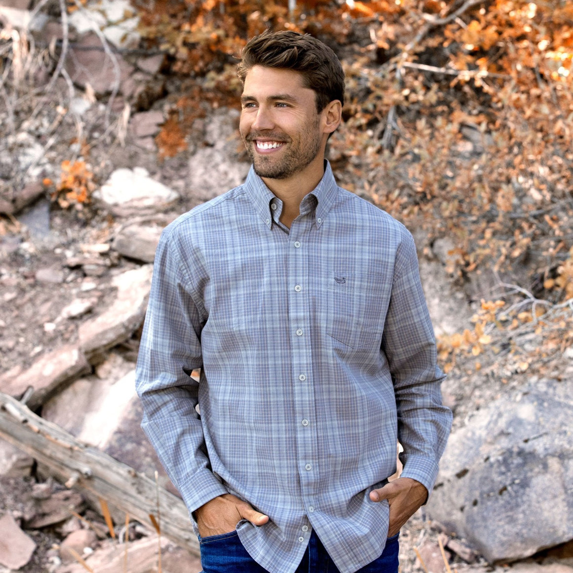 Mountain Purple and Slate | Verret Washed Check Dress Shirt | Lifestyle
