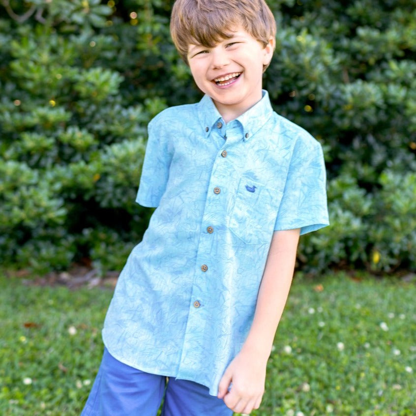 Bimini Green Flamingos | Youth Island Linen Shirt | Flamingos