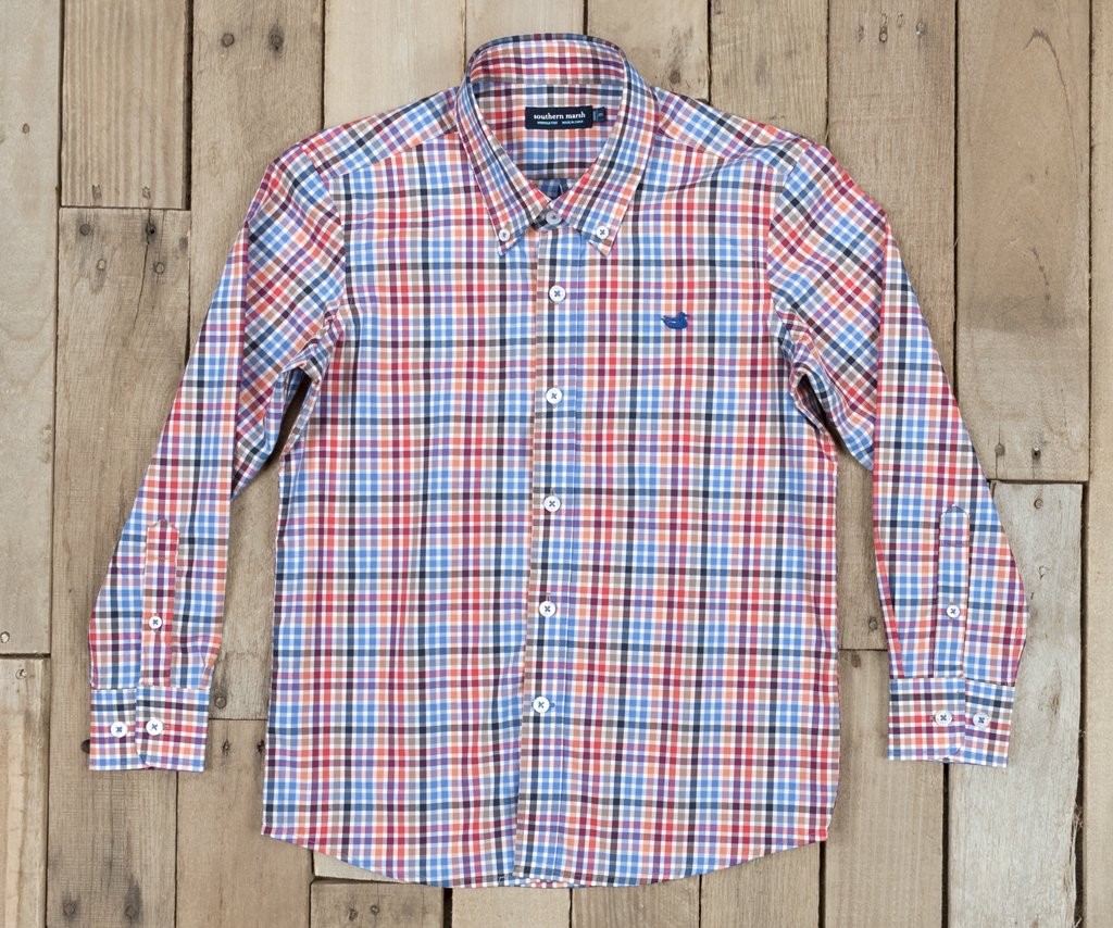 Red  and Navy | Youth Juban Check Dress Shirt | kids preppy